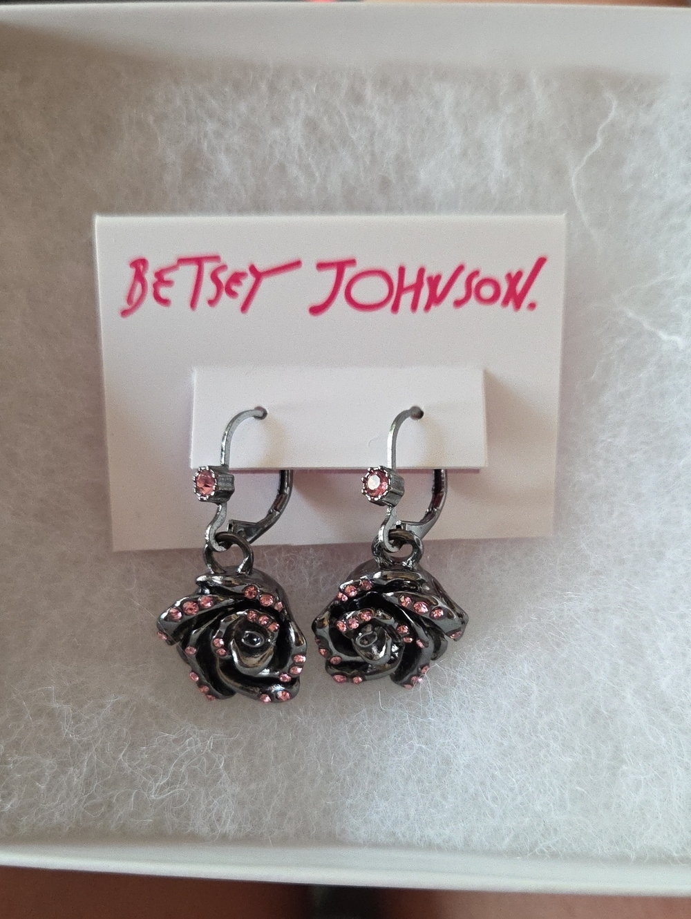 Betsey Johnson Gunmetal Rose Drop Earrings with Pink Stones
